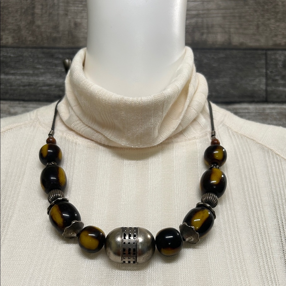 Vintage Large Chunky Wood Bead Silver Tone Tribal Necklace